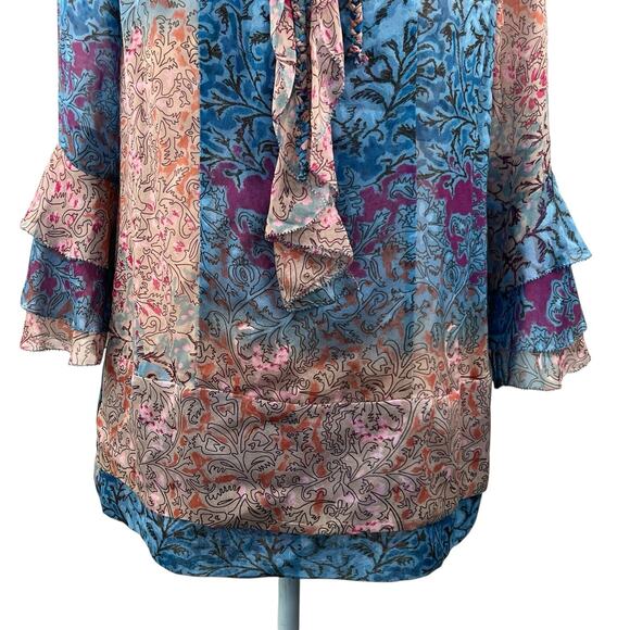 Diane Von Furstenburg Silk Blue Pink Peelo Blouse Size 4 Sheer Chiffon - Picture 5 of 16